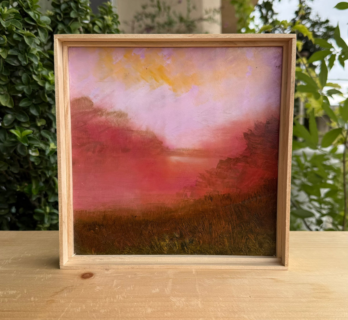 Pink Morning Mist. Landscape Painting. Oil on Reclaimed Board