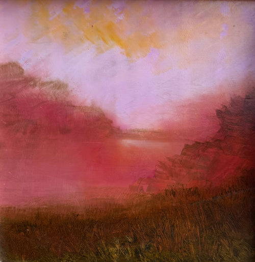 Pink Morning Mist. Landscape Painting. Oil on Reclaimed Board